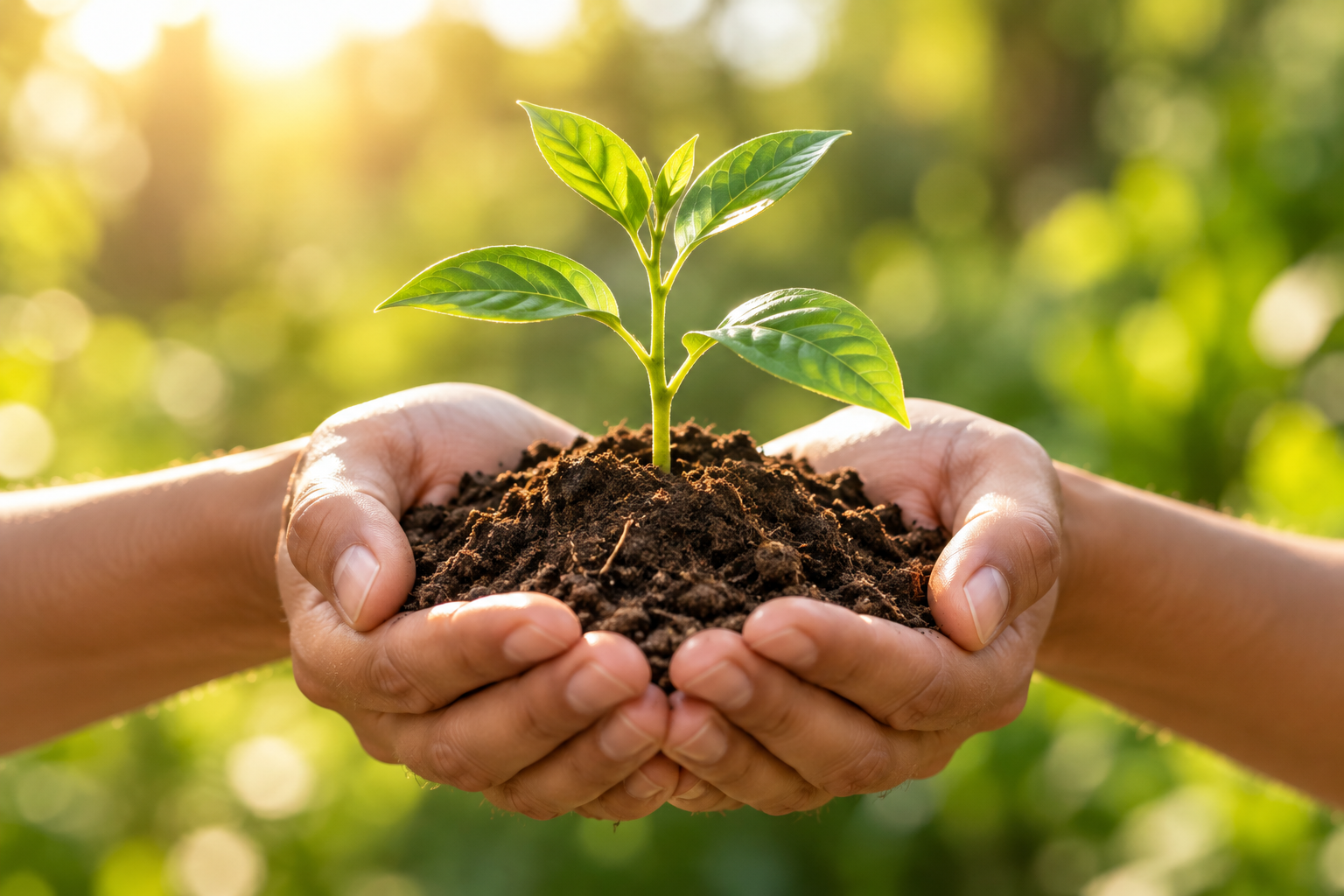 Hands holding soil and a young plant
